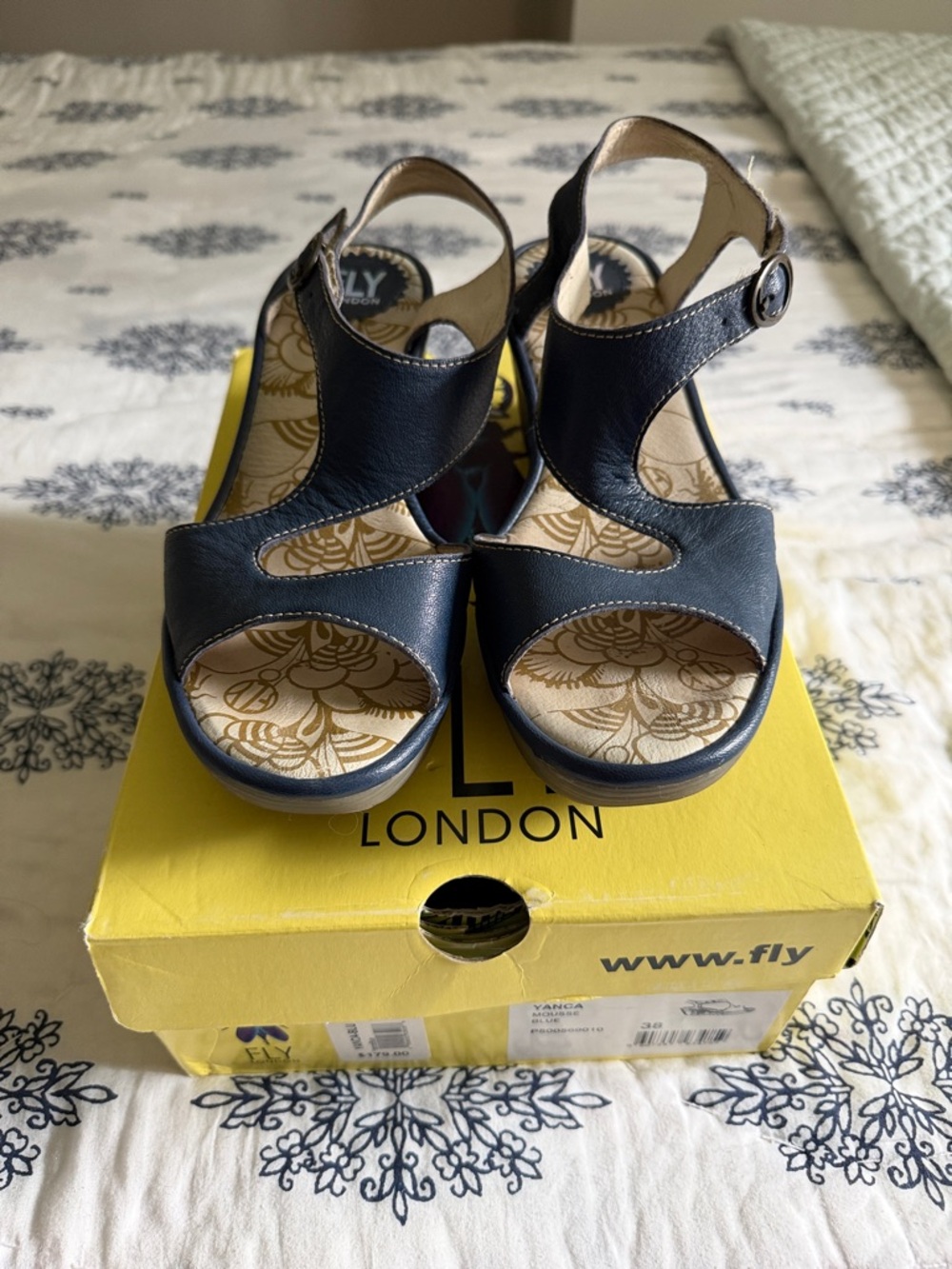 Fly London Navy Leather Cutout Wedge Sandals